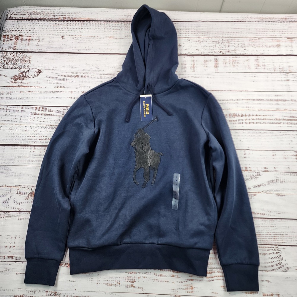 Polo Ralph Lauren Leather Pony Double Knit Hoodie Men's S Aviator Navy NWT